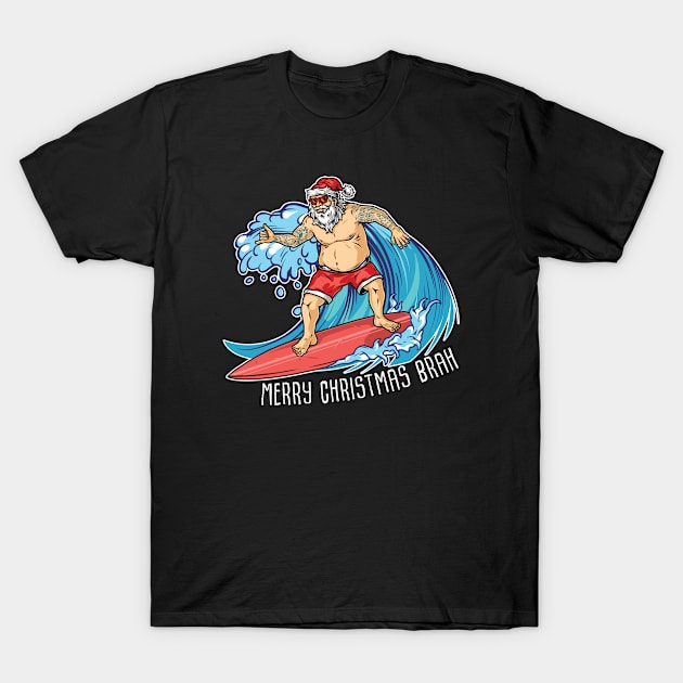 Merry Christmas Brah - Surfing Beach Santa T-Shirt by CaptainHobbyist